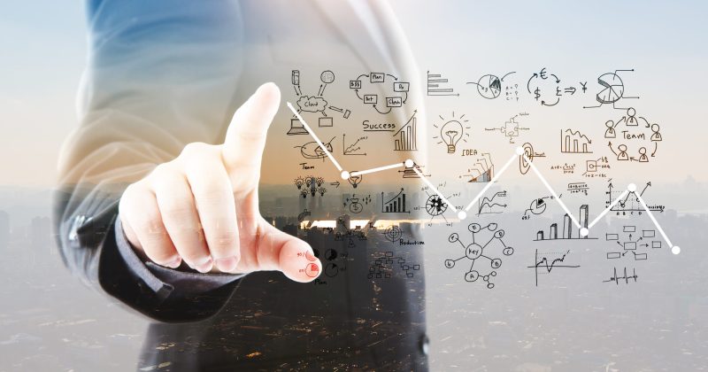 Abstract Double exposure of Business man touching an imaginary screen against white background